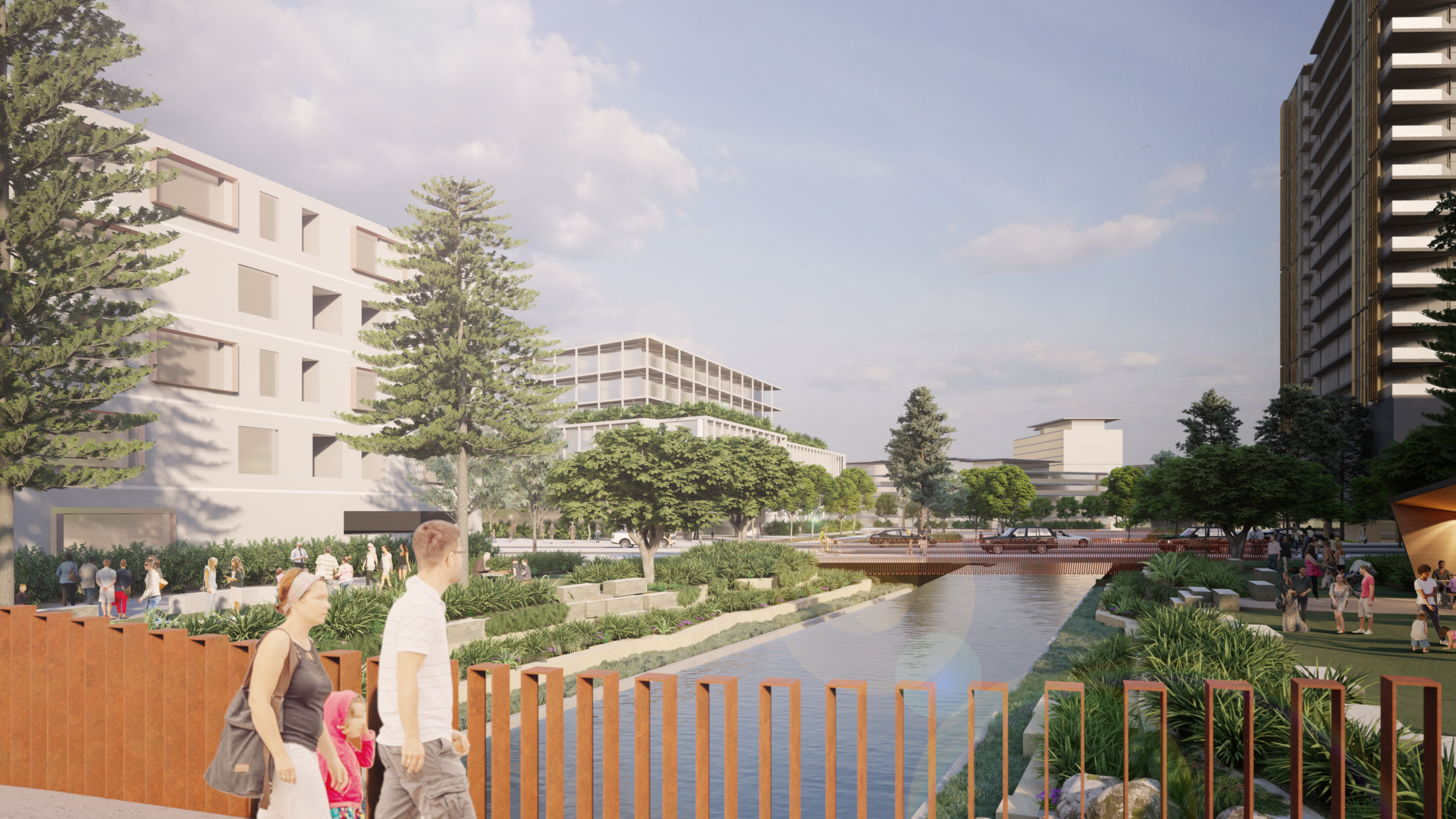 Render of people walking across pedestrian bridge