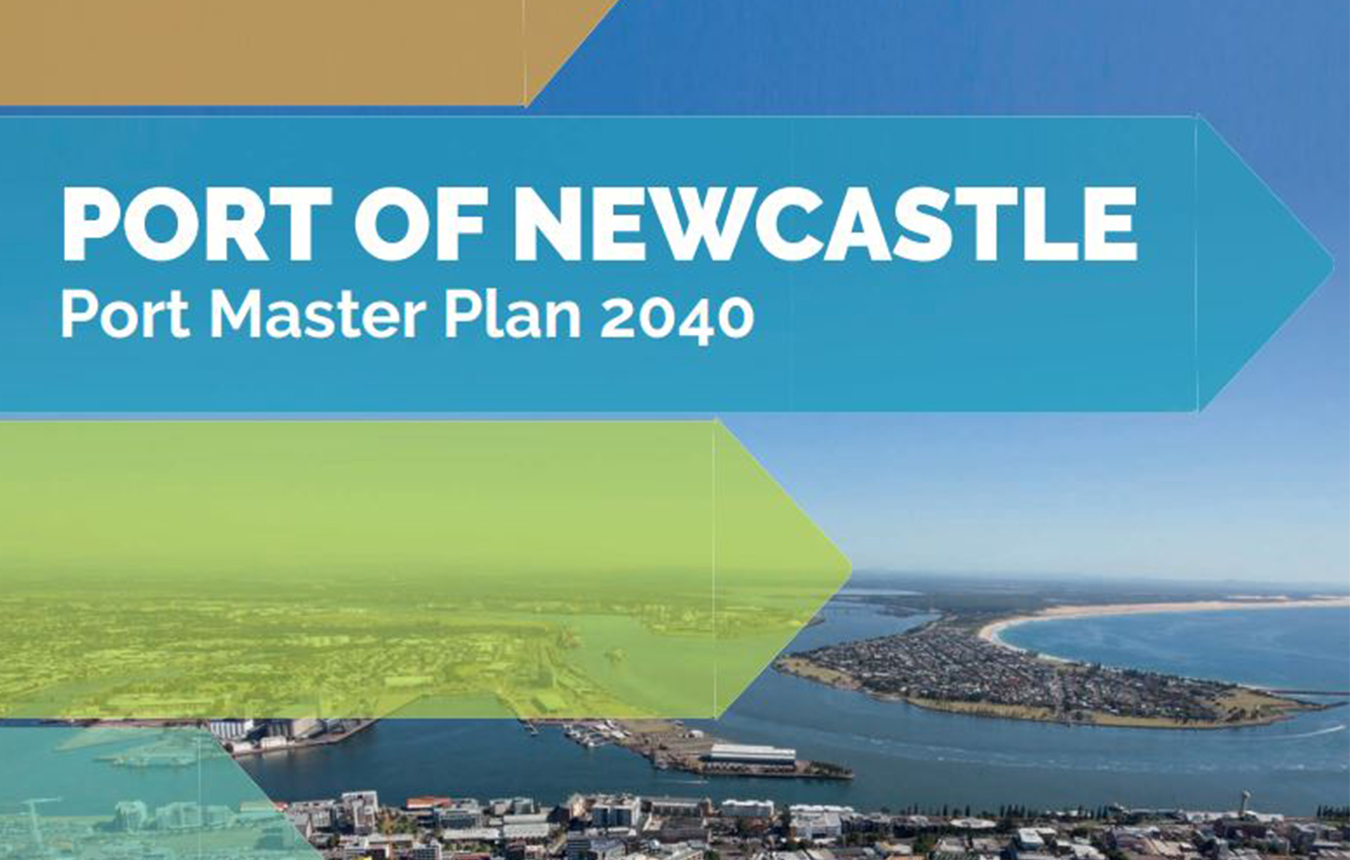 Port Master plan front cover, Newcastle harbour photo with white text saying Port Master plan 2040 and Port of Newcastle in capital letters