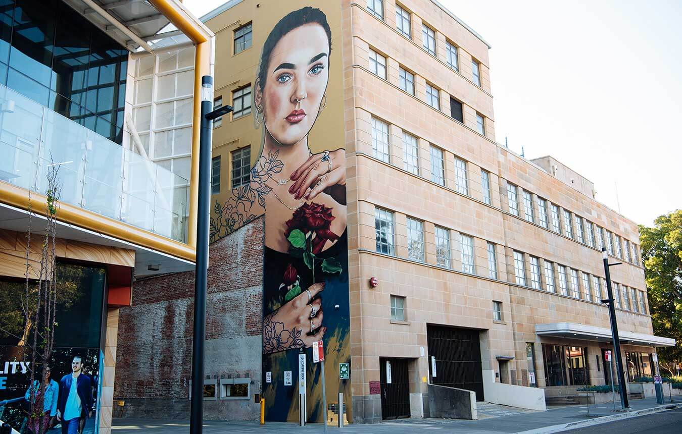 Inari mural on the University House facing NUSpace in Auckland Street, Newcastle