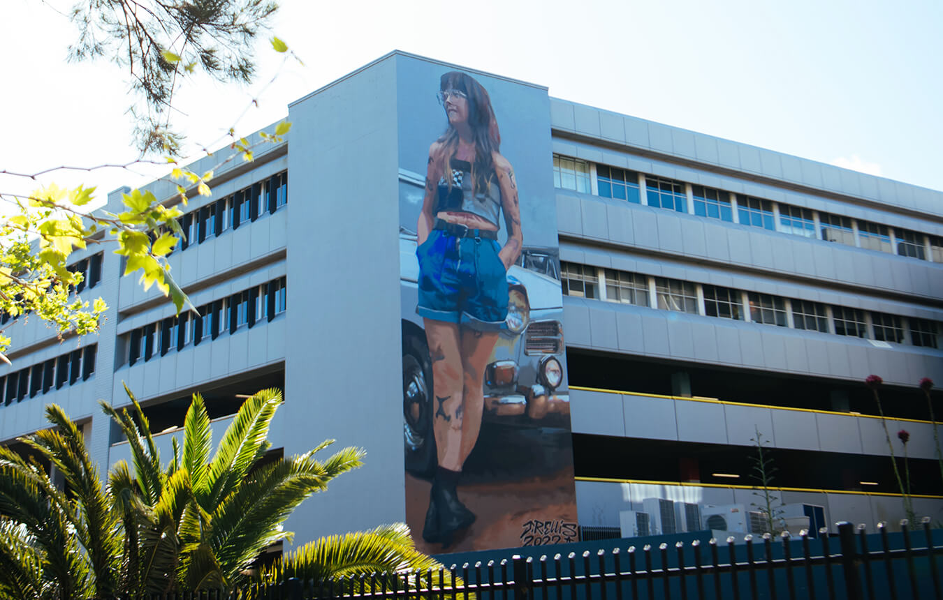 James R Ellis mural on the First Parking carpark building