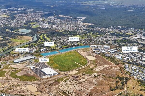 An aerial photo showing the two light industrial lots in Cockle Creek, Lake Macquarie.