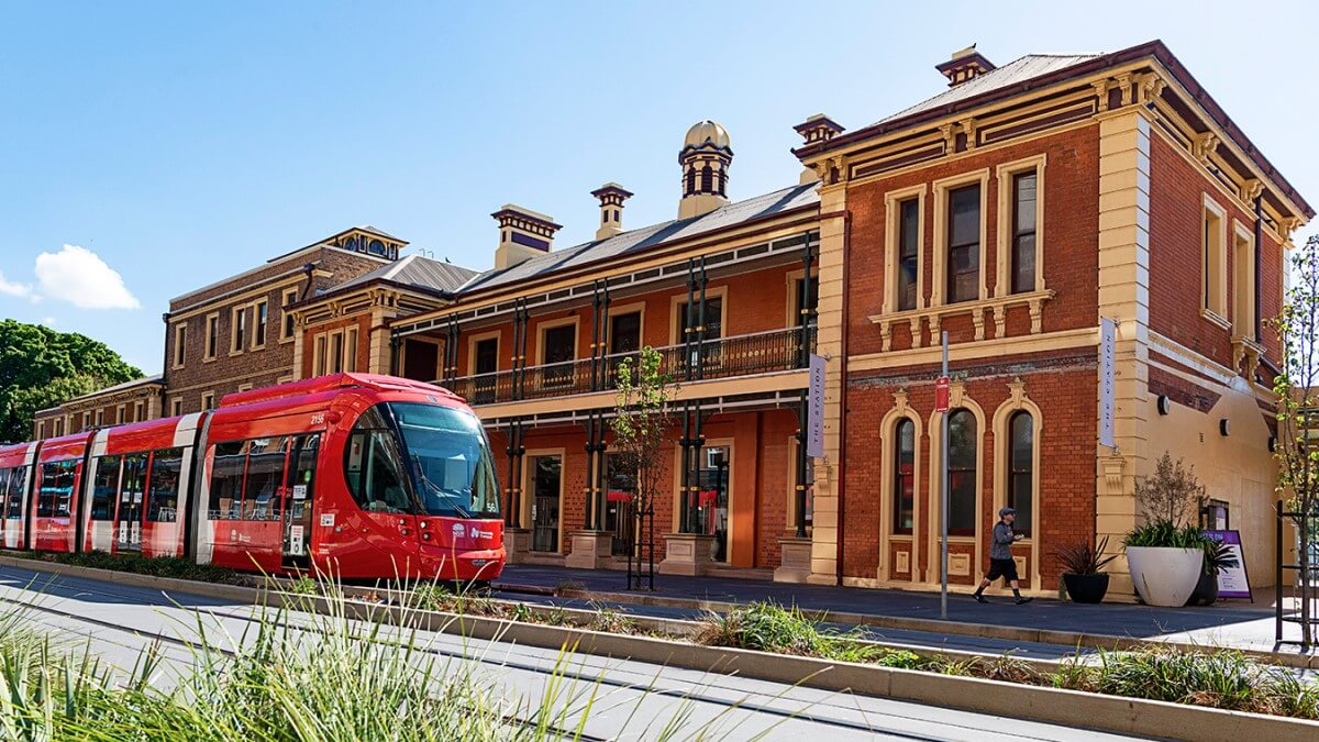 Light rail at at the revitalised former city railway station in Newcastle.